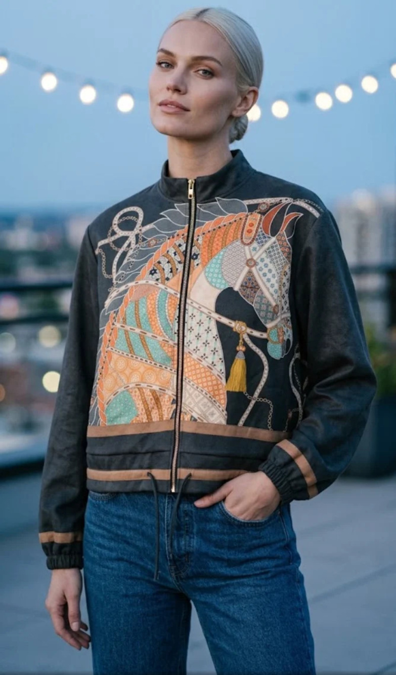 L1299 C | Loowie Equestrian Print Bomber Jacket | Charcoal | One Size